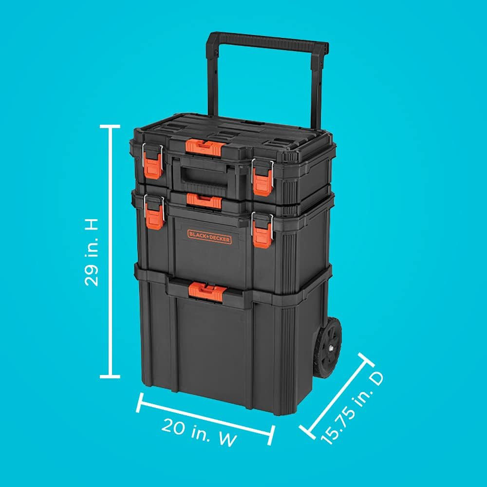 BLACK+DECKER 3-Pc Stackable Storage System Rolling Tote & Toolboxes BDST60500APB