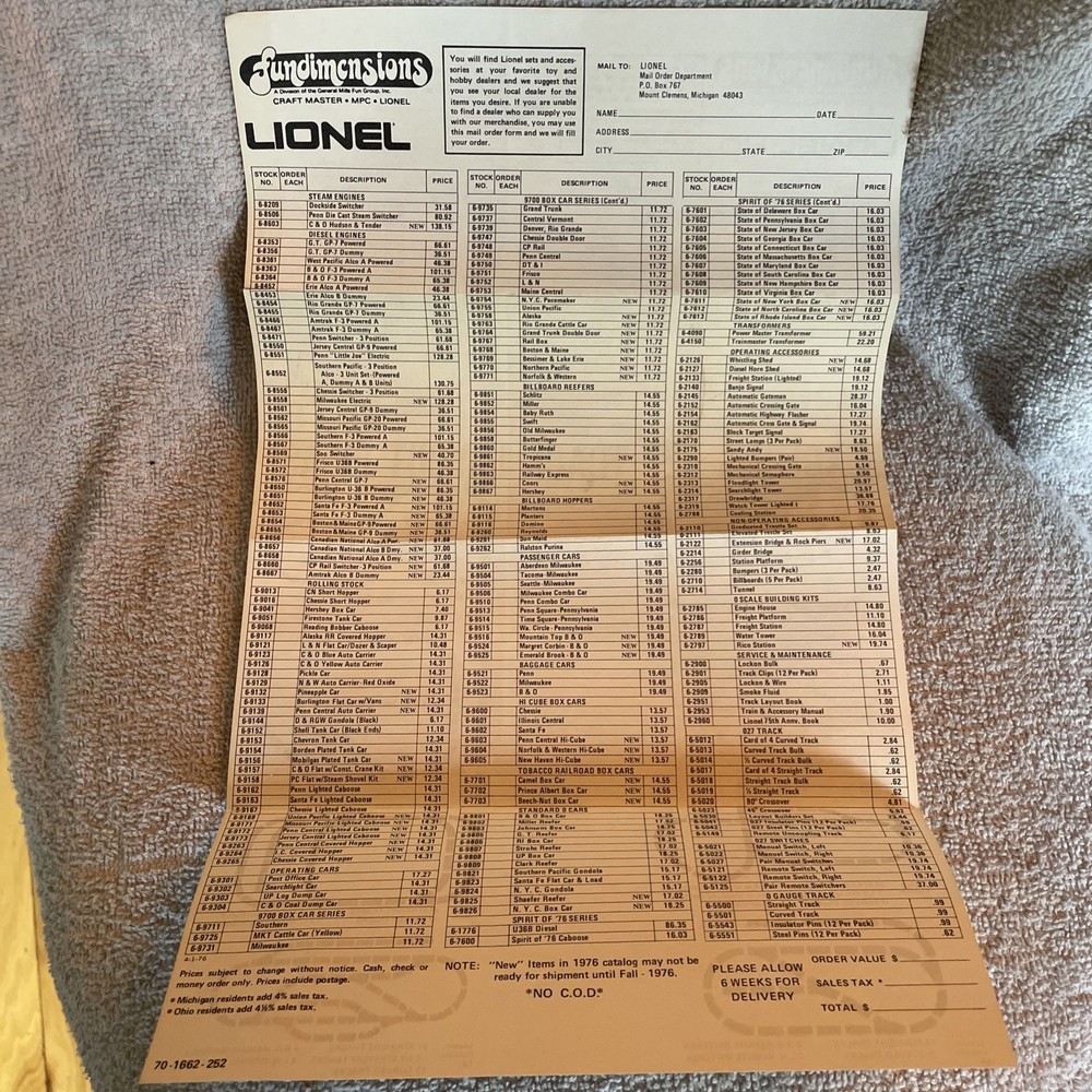 1976 Lionel Mail Order Form