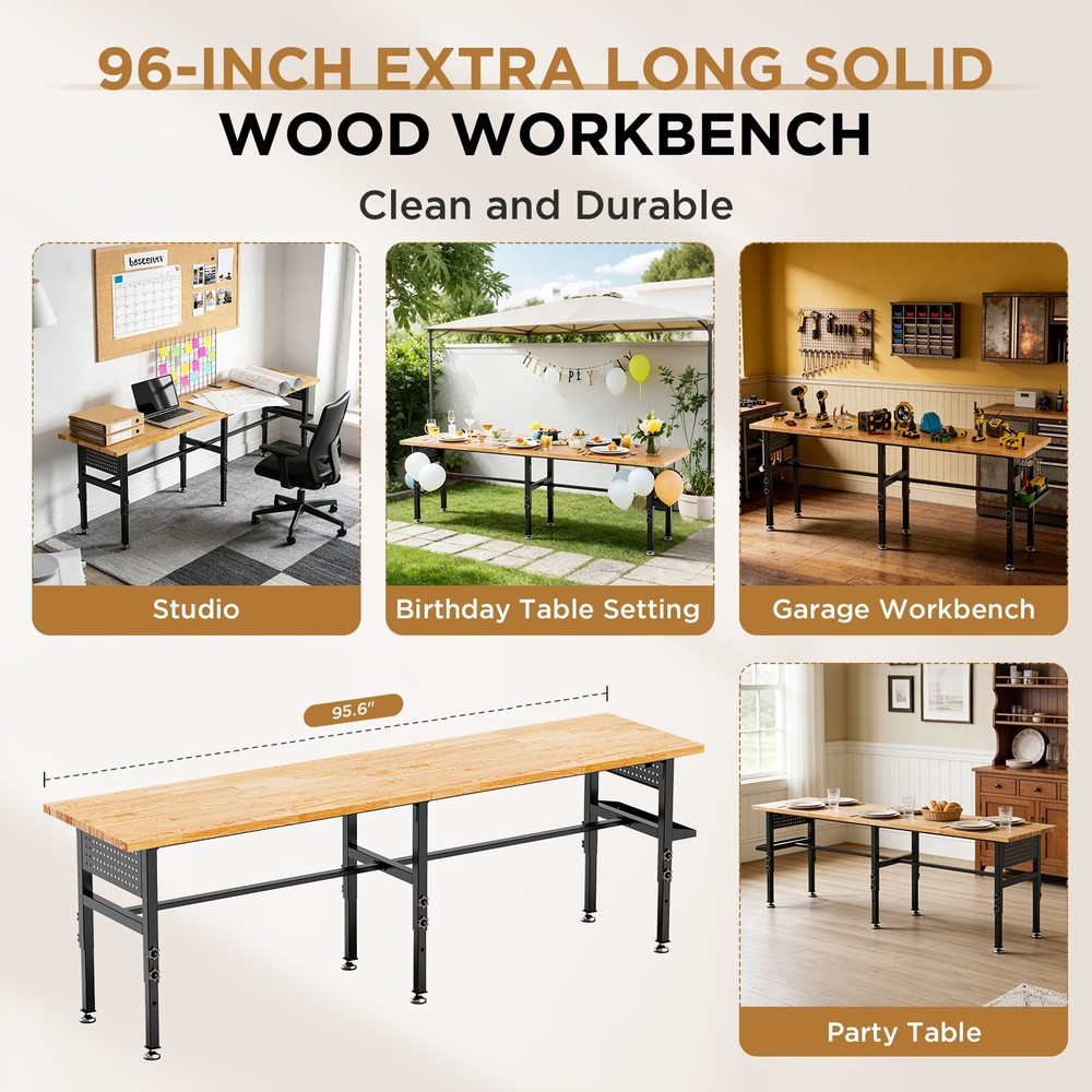96" Adjustable Workbench with Side Pegboard Garage Work Table with Storage Box
