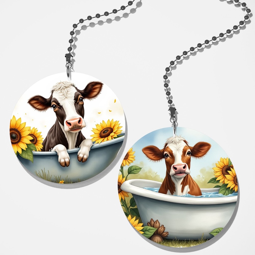 Set of 2 Coordinating Country Cow Bath Time Fan Pull / Light Pull