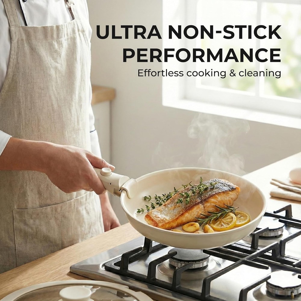 5-Piece Ceramic Nonstick Cookware Set with Detachable Handle White