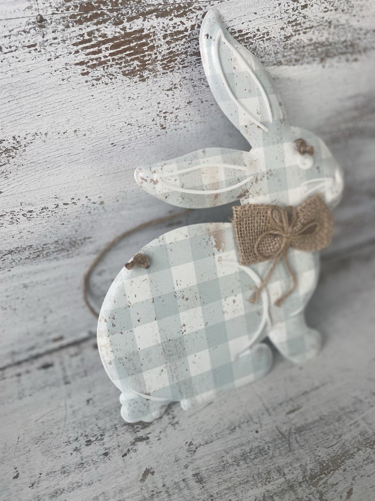 Spring Blue Gingham Hanging Metal Bunny