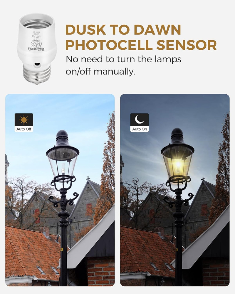 Dusk to Dawn Light Sensor Socket Adapter, E26 Base, 360° Sensor, 4 Pack, UL