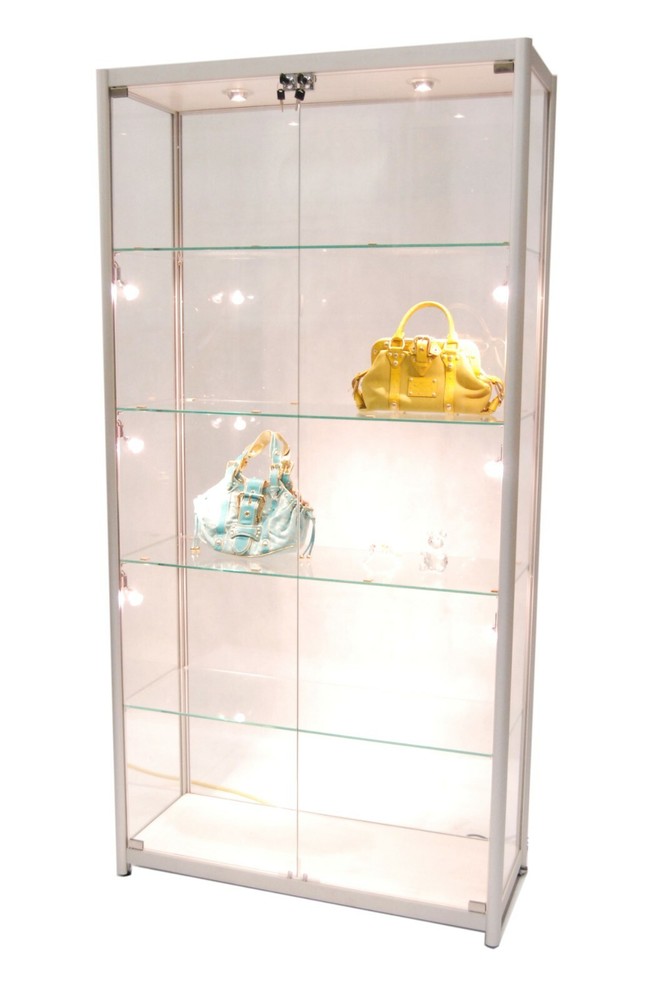 Silver Aluminum Glass Tower Display Showcase with Lockable Doors & LED Lighting