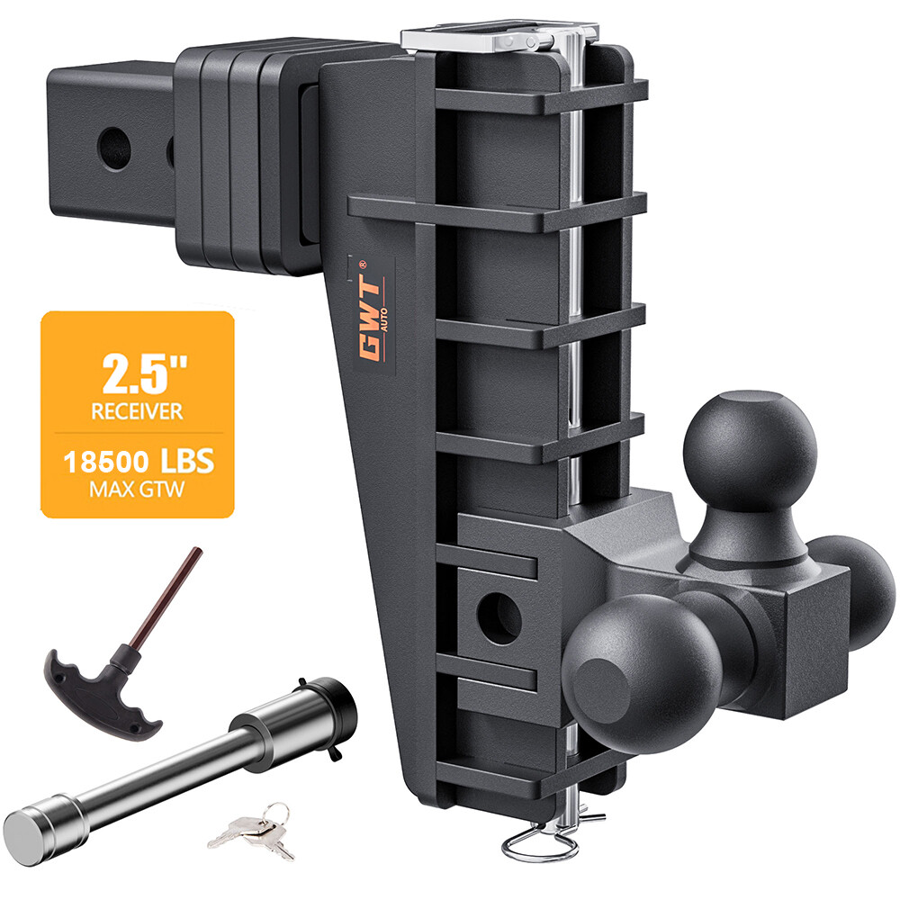 2.5" Receiver 8" Drop Adjustable Trailer Hitch Tow & Stow Hitch Tri-Ball 18500LB
