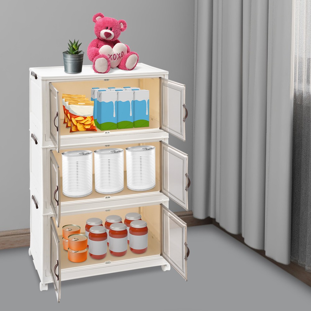 3PCS Foldable Stackable Storage Cabinets with Wheels White 25.59*16.54*43.5in US