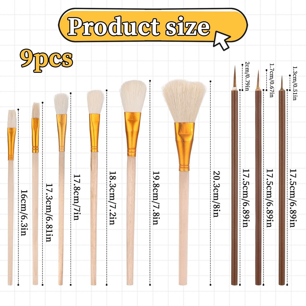9 Pack Pottery Glaze Brushes Ceramic Brush Set, small to medium, Brown