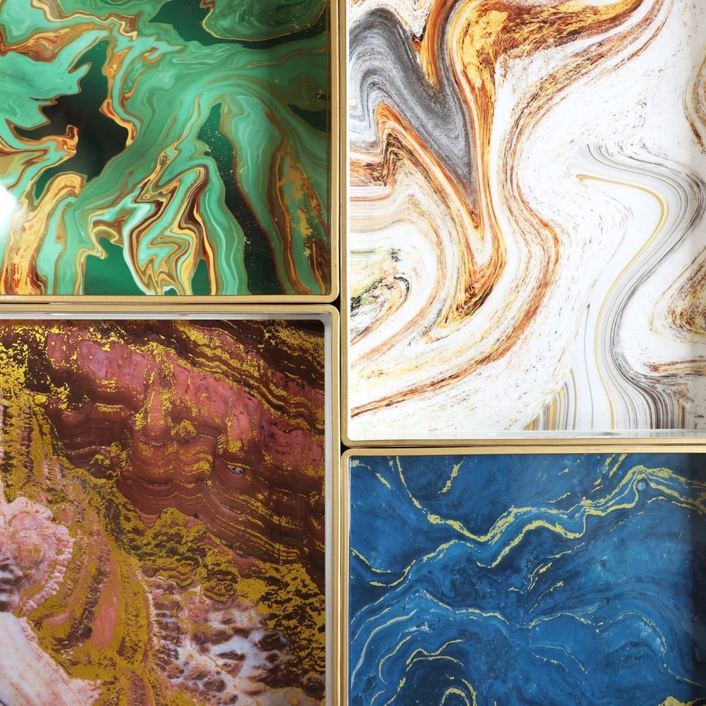 Turquoise Marbling Decorative Tray with Handles Morden Plastic Rectangular Se...