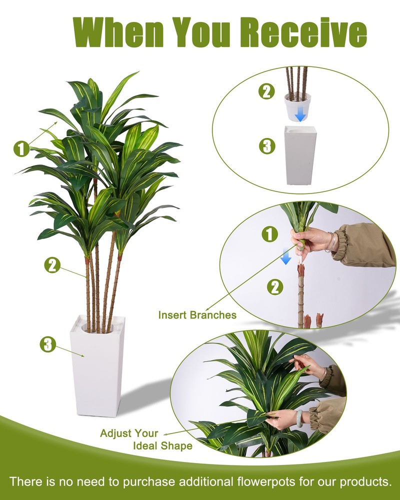 Artificial Dracaena Tree 5FT White Tall Planter Faux Tree Fake Floor Planter