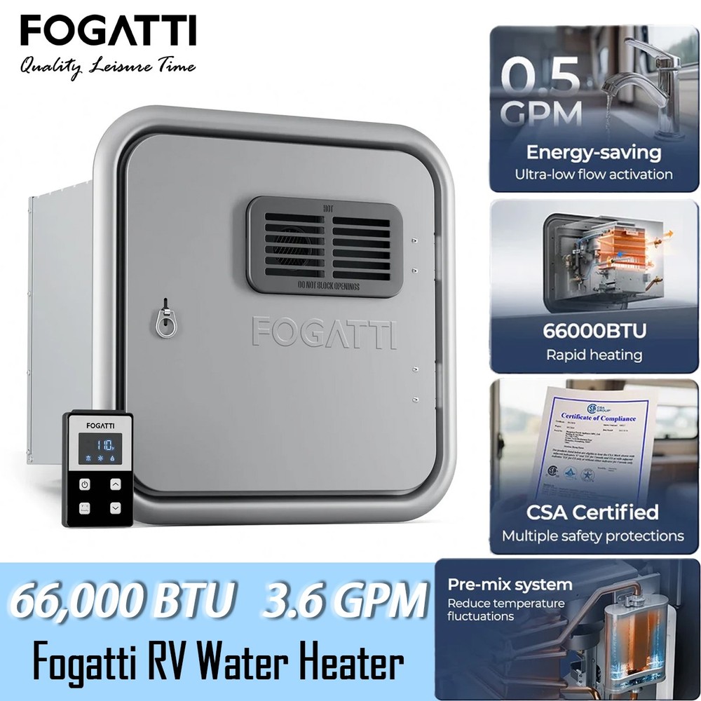 FOGATTI 10 Gal RV Tankless Water Heater Propane Gas 66,000 BTU With Controller