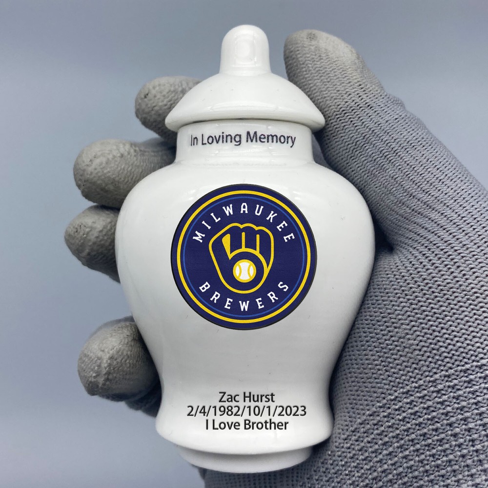 Ceramic Baseball Urn – Milwaukee Brewers Theme, Custom Text & Number