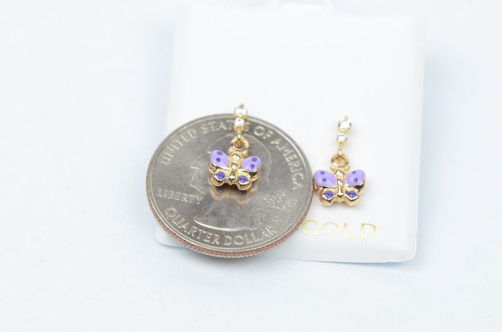 14K Solid Yellow Gold Butterfly Dangle Earring with Enamel