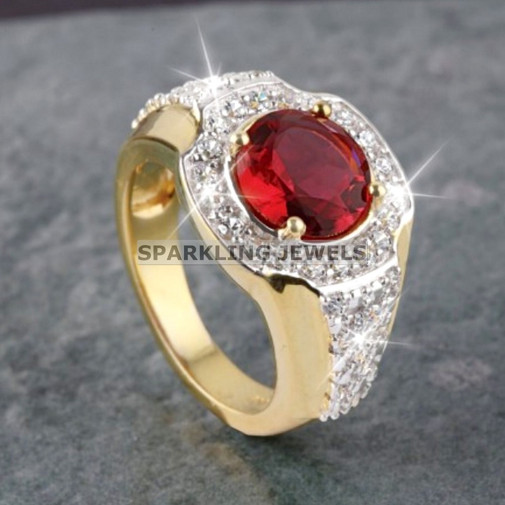 VVS Garnet Round Cut With 14K Solid Gold Ring For Men #C205