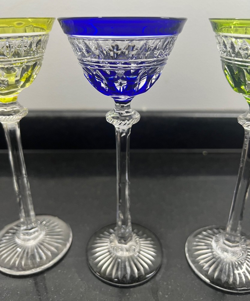 Rare Multi Colored Set Crystal Cut Cordial glasses 4 pieces.