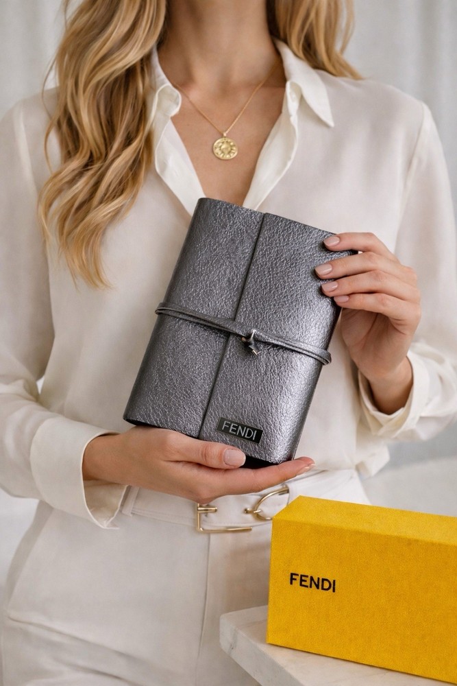 FENDI Leather-covered Notepad Stationery Dark Silver