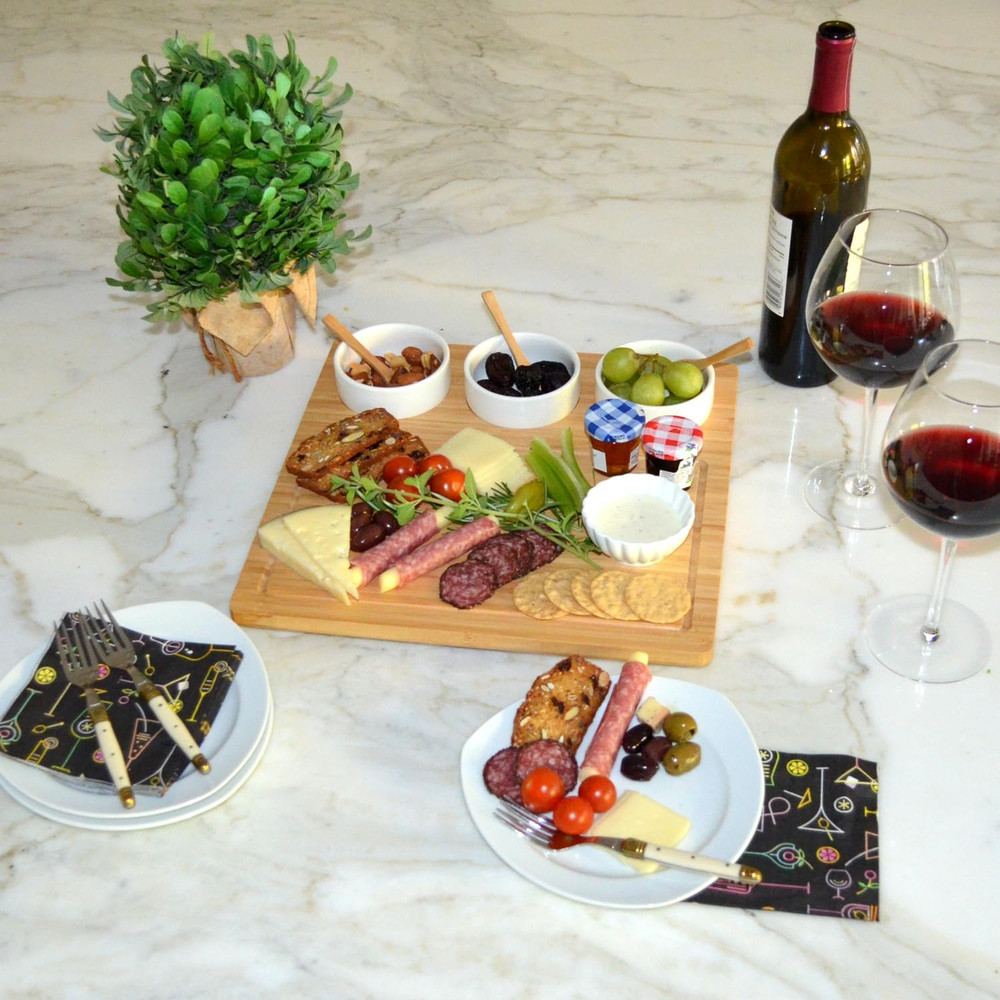 Bamboo Cheese Board/Charcuterie Platter - Includes 3 Ceramic Bowls with Bamboo S