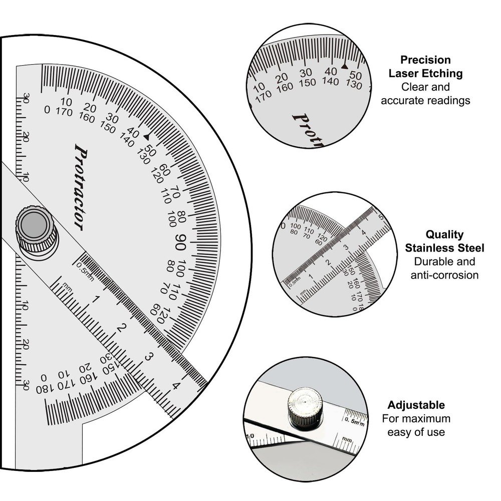 Stainless Steel Angle Protractor -180° Two Arm Ruler Adjustable Finder Angle ...
