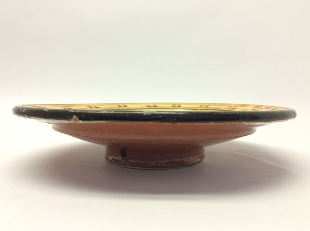 Signed Glazed Pottery Safi Middle Eastern Yellow Redware Design Plate w Hanger