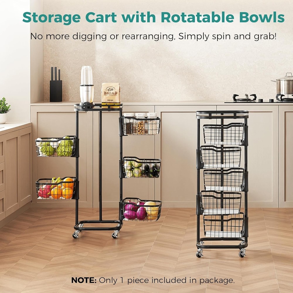 Five-tier kitchen fruit and vegetable storage trolley, rotating basket, black