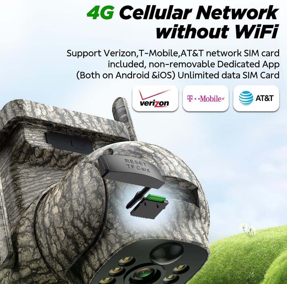 4G LTE Cellular Trail Camera with Solar Panel 2.5K Smart Security Cam Auto Track