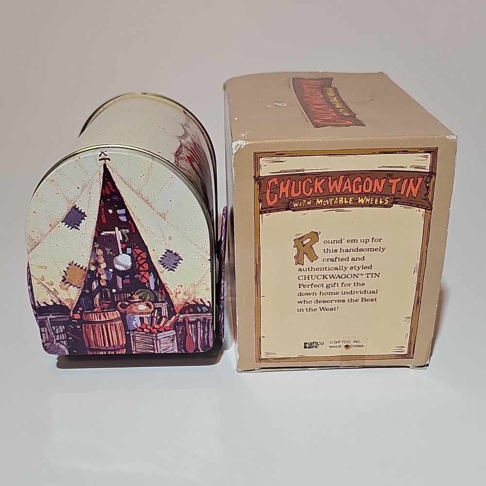 Western Chuck Wagon Decorative Tin Box with Moveable Wheels