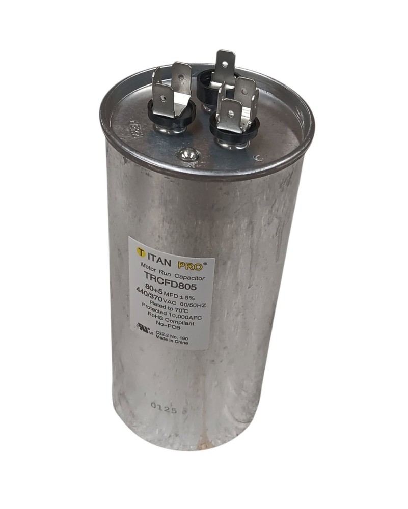 Packard Titan Pro Run Capacitor, Round, 80+5 Mfd, 370V-440V, TRCFD805