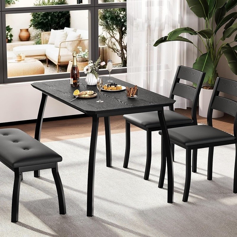 Compact 4-Piece Rustic Dining Set PU Leather Chairs Space-Saving Table Kitchen