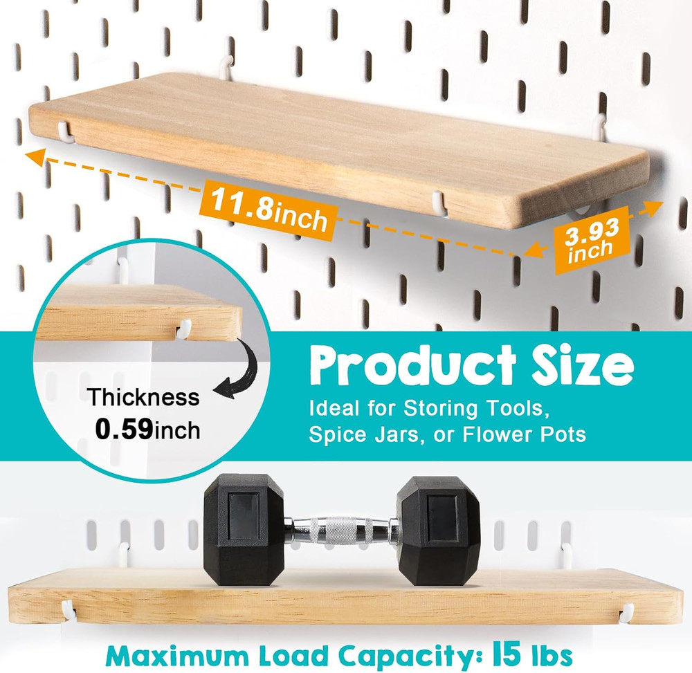 4 Pack Solid Wood Pegboard Shelves with Hooks for Home & Office Organization