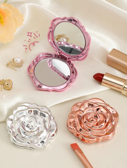 Elegant Rose Design Makeup Mirror, Portable Folding Compact Mirror with Plating