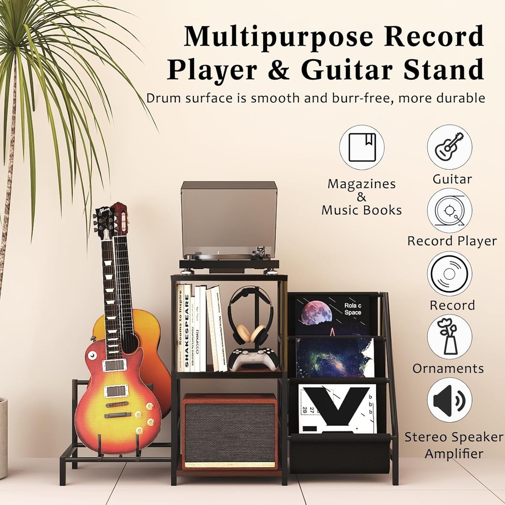 EASTROCK Record Player Stand Guitar & Table - Black