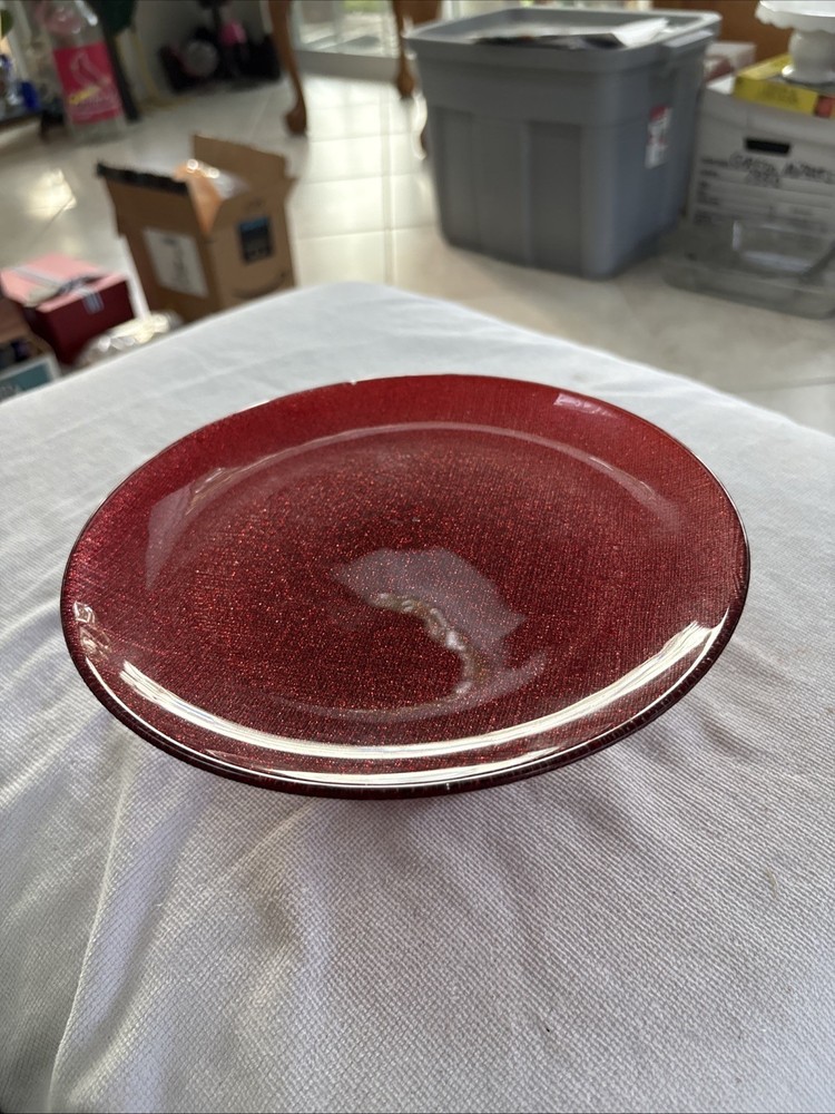 Ruby Red Sparkle Textured Glass Pedestal Serving Cake Or Dessert Dish 8”
