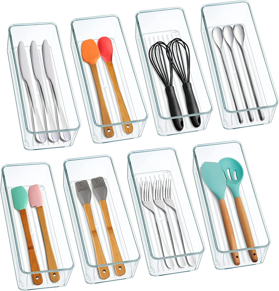 Clear Plastic Drawer Organizer Bins  8Pack Stackable Cutlery Storage Bins Trays