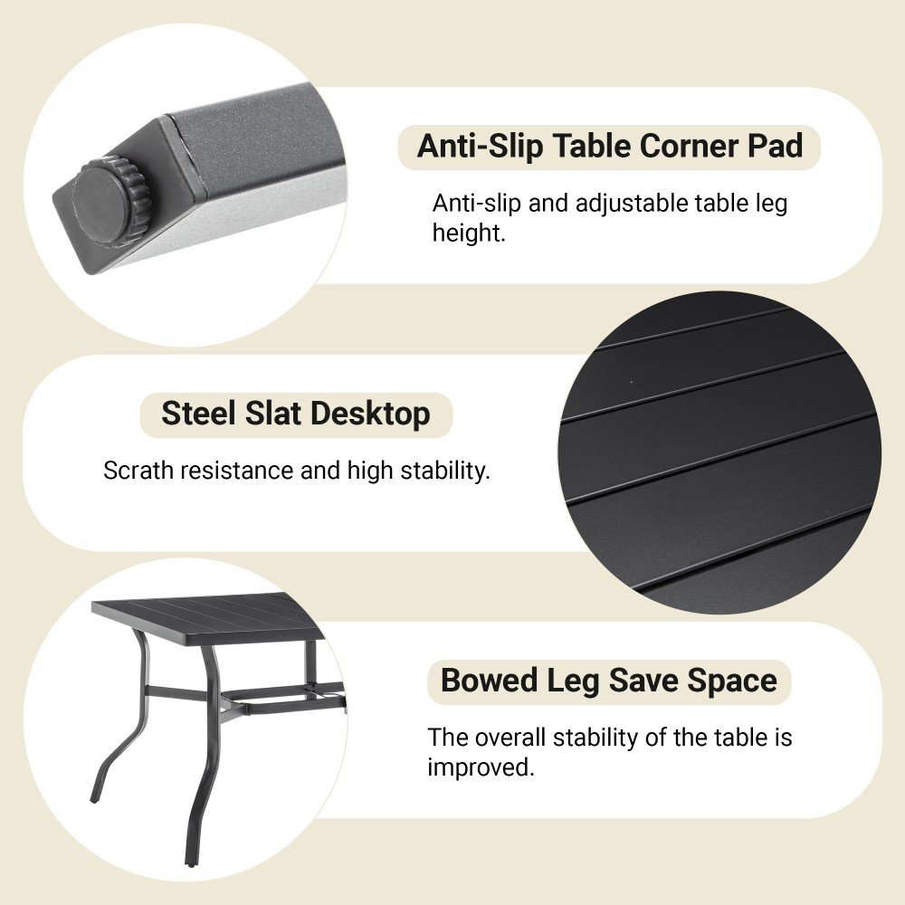 Rectangular Metal Patio Dining Table with Umbrella Hole Anti Slip Pads