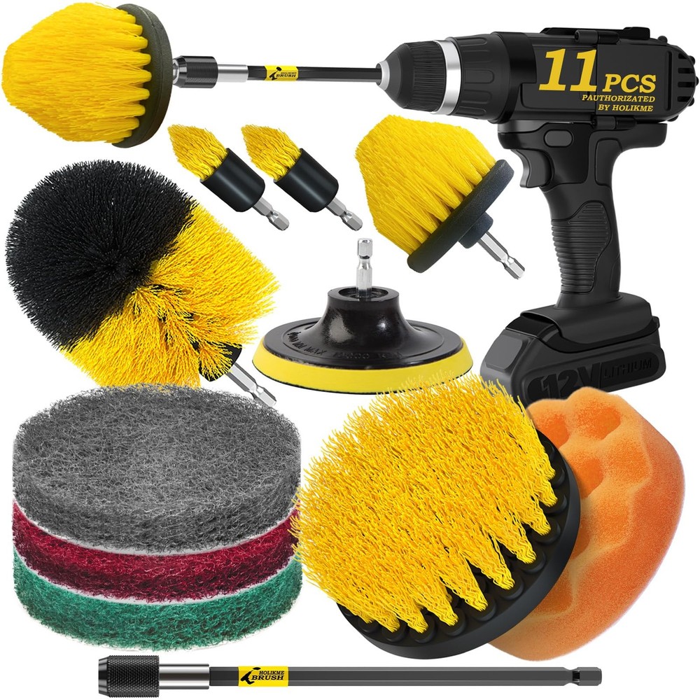 Drill Brush Kit, 11 Scouring Pads Power Scrubber For Floor Tile, Yellow