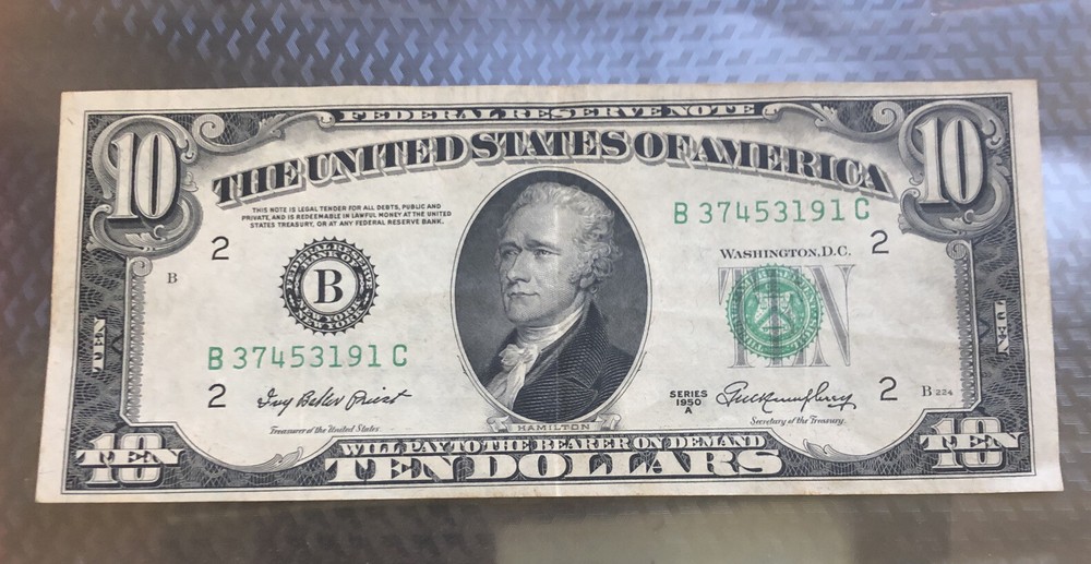 1950-A $10 Misalignment Error! S/N B37453191C Excellent Condition!
