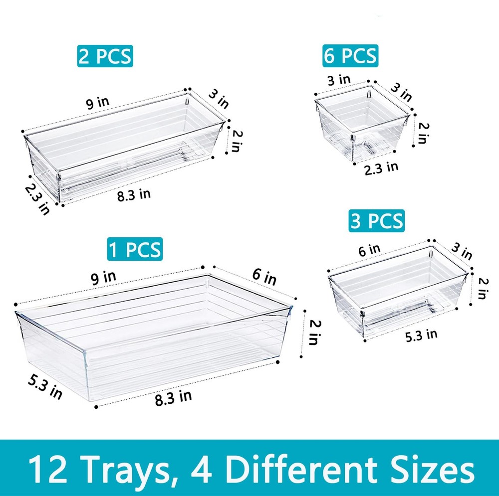 12 Pack Clear Drawer Organizer, 4 Sizes Makeup organizer, Vanity Organizer fo...