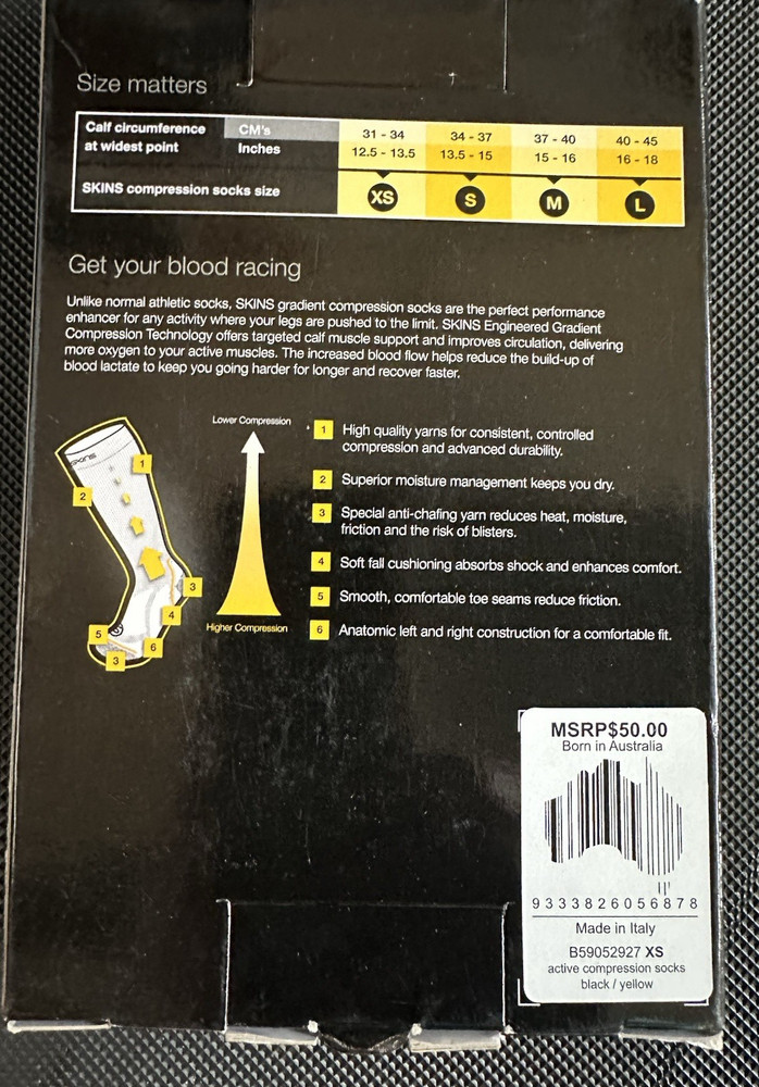 Skins Essentials Compression Socks, Black with Yellow, Size XS