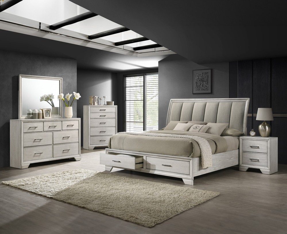 4Pc Queen Size Platform Storage Platform Bed Set White Cream Finish Solid Wood