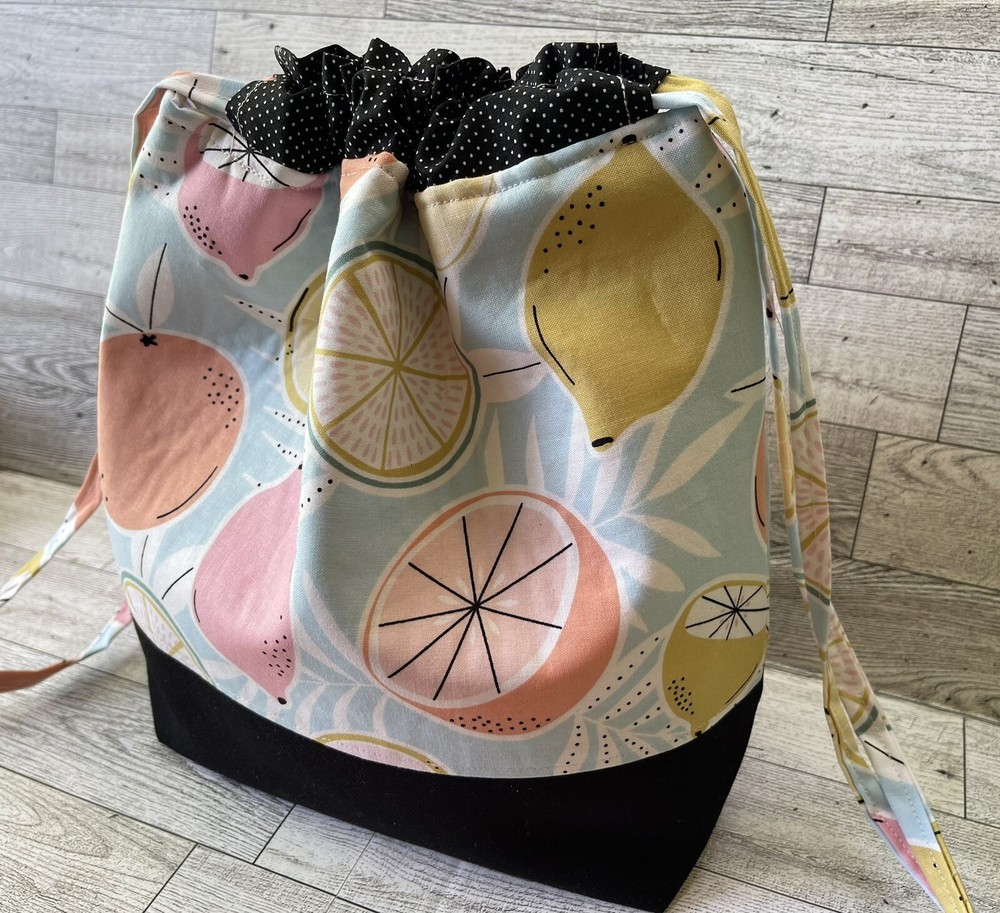 Knitting project bag handmade summer Fruit Print Storage Tote Drawstring