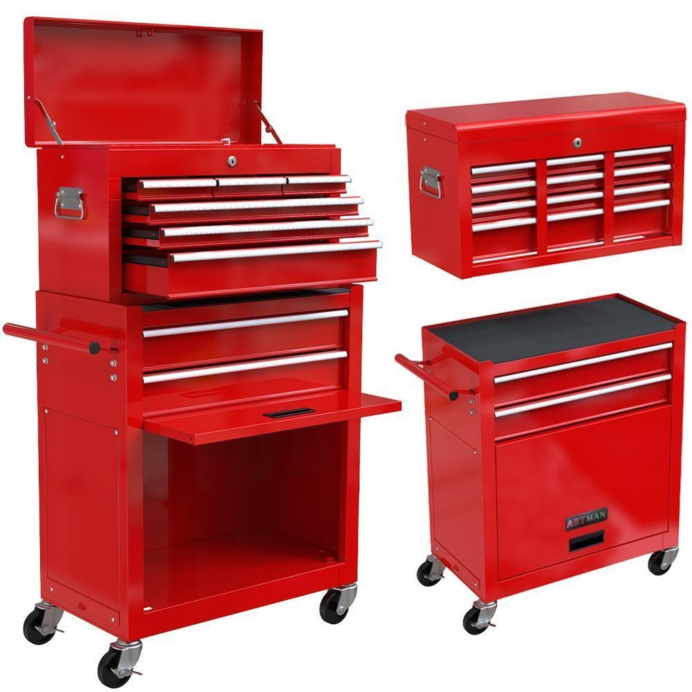 2 In 1 Iron Rolling Tool Chest Cabinet Storage Toolbox with 8 Drawers& Wheels