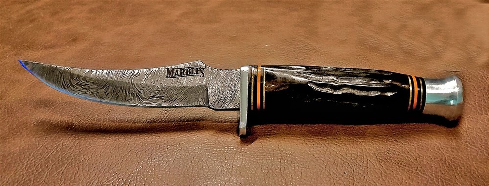 Real Damascus 9" Hunter Skinner Knife w/Bone Handle, Leather Sheath