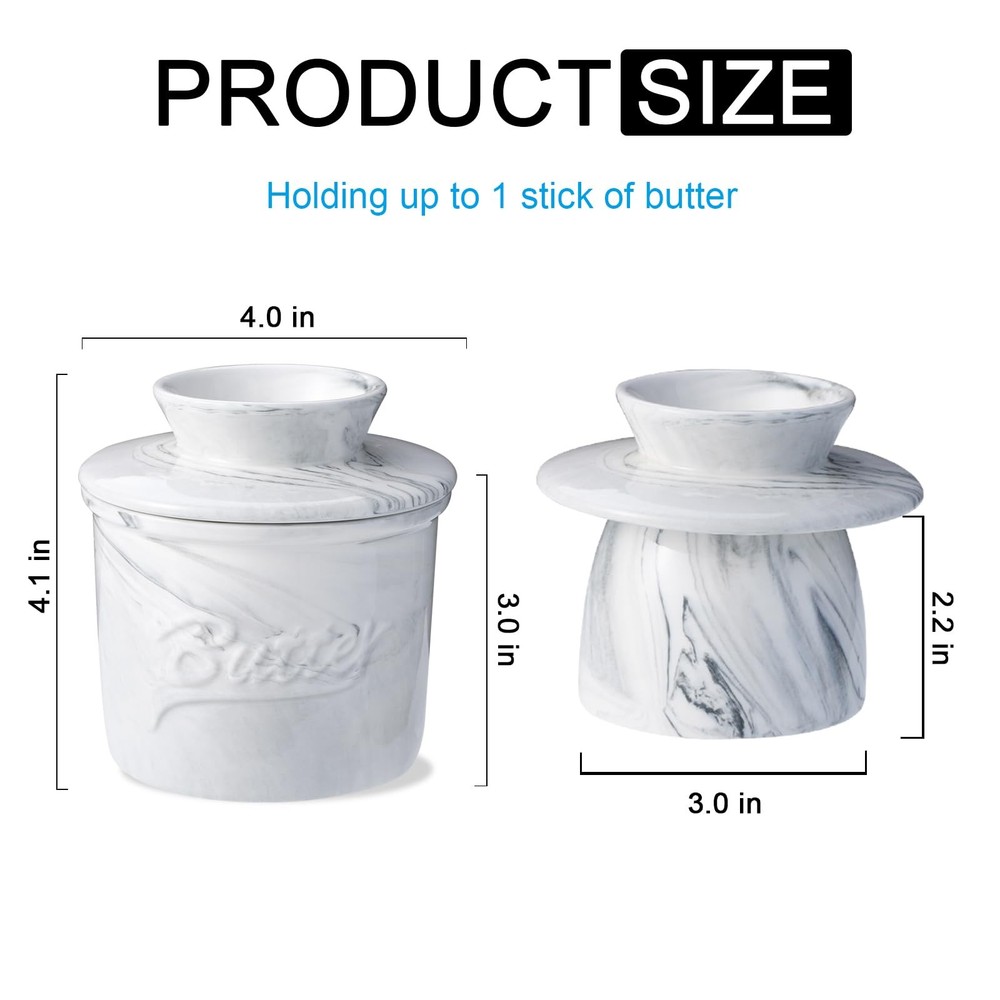 Ceramic Butter Crock with Lid, Marbled Butter Keeper for Spreadable Butter, E