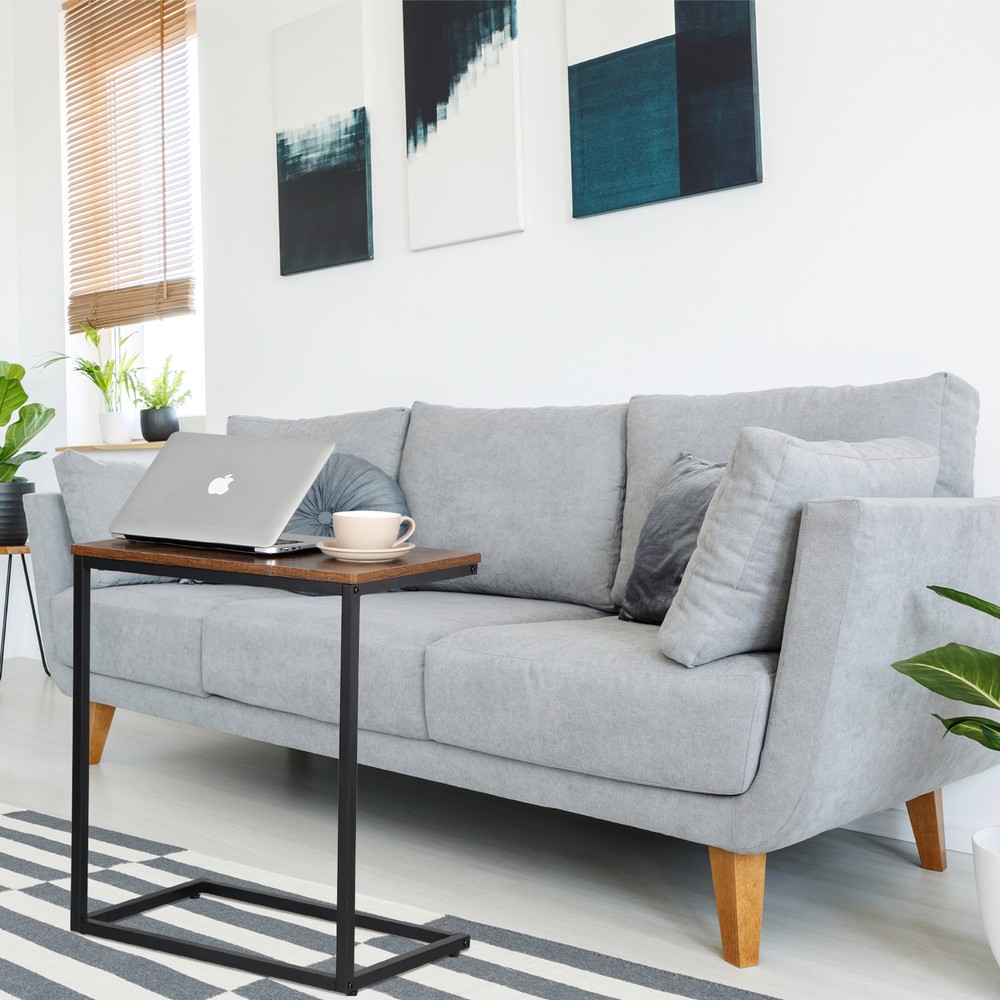 C Shaped Side Table End Table for Sofa Bed and Couch w/ Metal Frame Rectangular