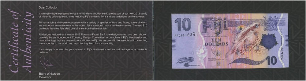 Fiji 10 Dollars, 2012 ND, P-116a, UNC w/ Folder-Card