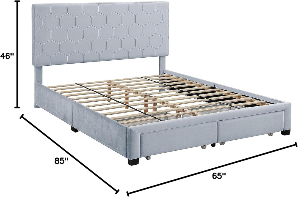 Stylish Light Gray Queen Bed with 2 Drawers - No Box Spring Required