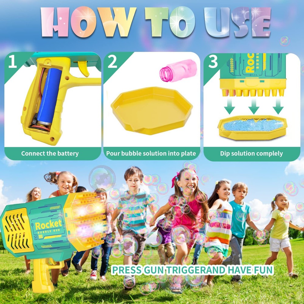 Bubble Machine Gun with Colorful Lights, Rocket Boom Bubble Blower(Green)