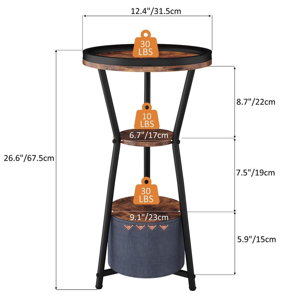 Round Side Table Small Drink 3Tier Industrial End Nightstand Rustic Brown