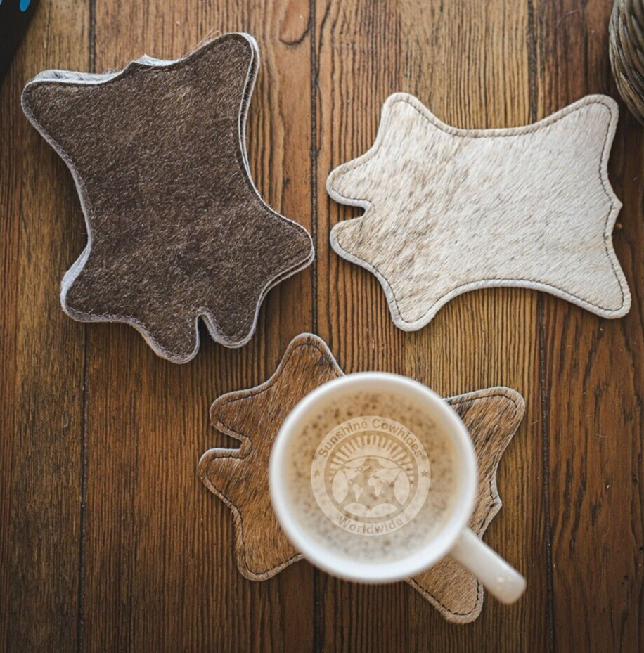 Cowhide Coaster Plain Assorted - Size 4.9 x 5.9" - - SET OF 12