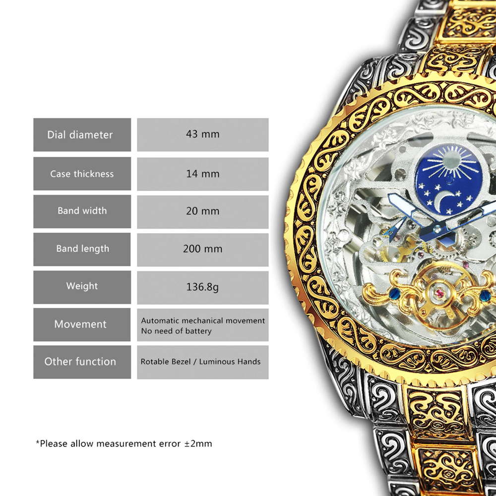 New Luxury Moon Phase Tourbillon Skeleton Engraved Mechanical Automatic Watch