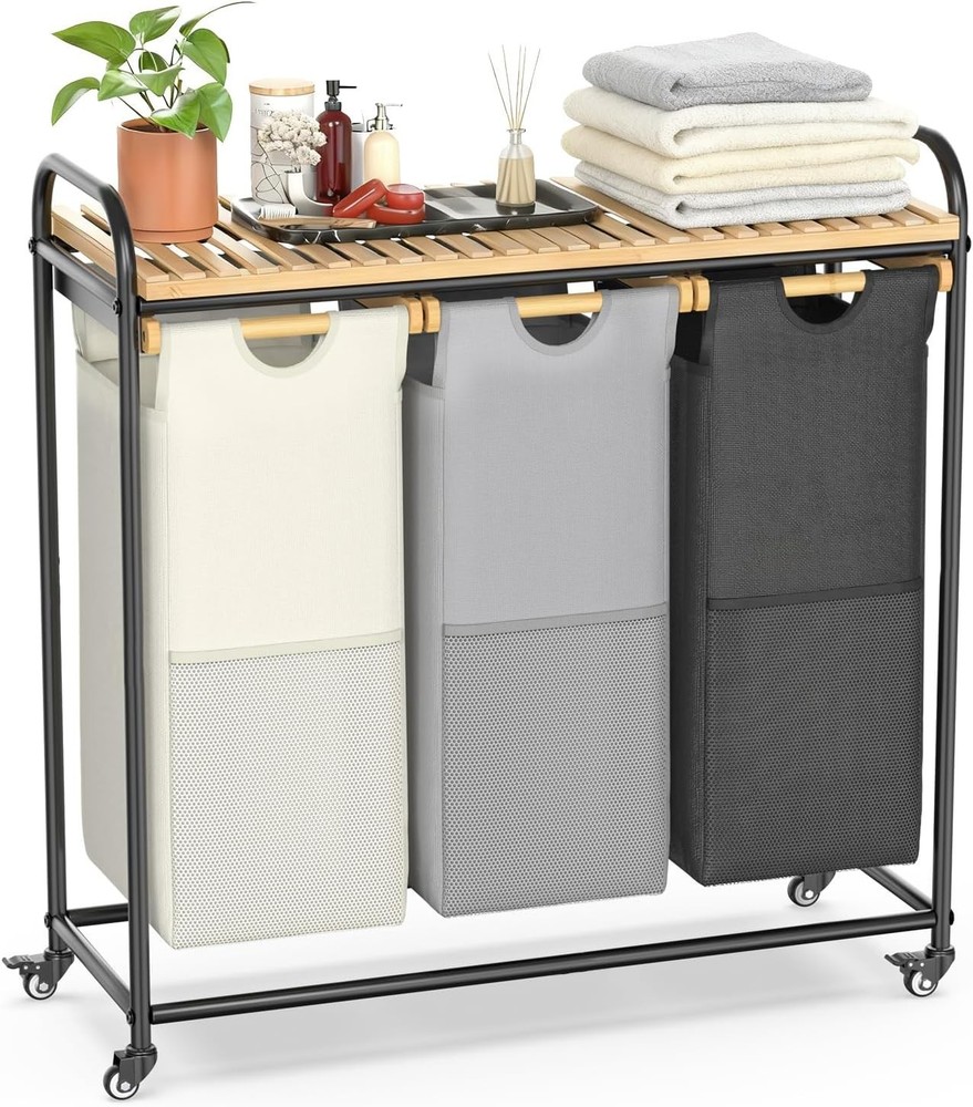 Laundry Sorter 2 Section Laundry Hampers W/ Removable Shelf & Pull-Out Bags